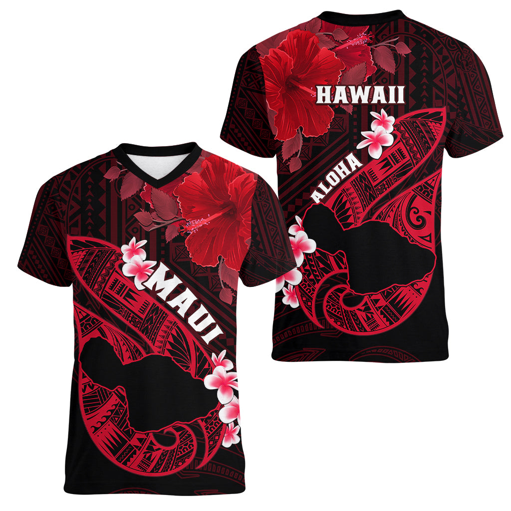 Hawaii Maui Women V Neck T Shirt Polynesian Fish Hook Hibiscus Red Version LT05 - Polynesian Pride