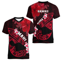 Hawaii Maui Women V Neck T Shirt Polynesian Fish Hook Hibiscus Red Version LT05 - Polynesian Pride