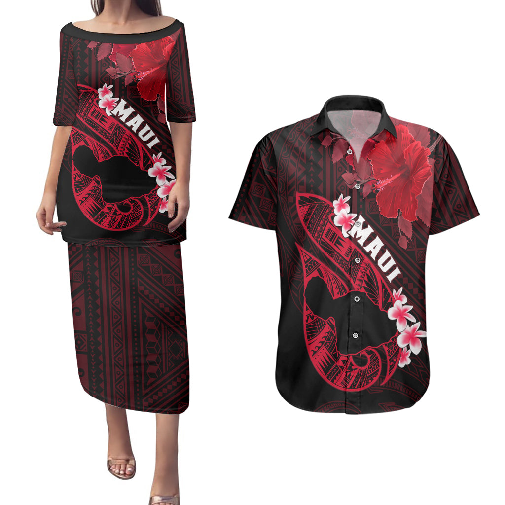 Personalized Hawaii Maui Couples Matching Puletasi Dress and Hawaiian Shirt Polynesian Fish Hook Hibiscus Red Version LT05 Red - Polynesian Pride