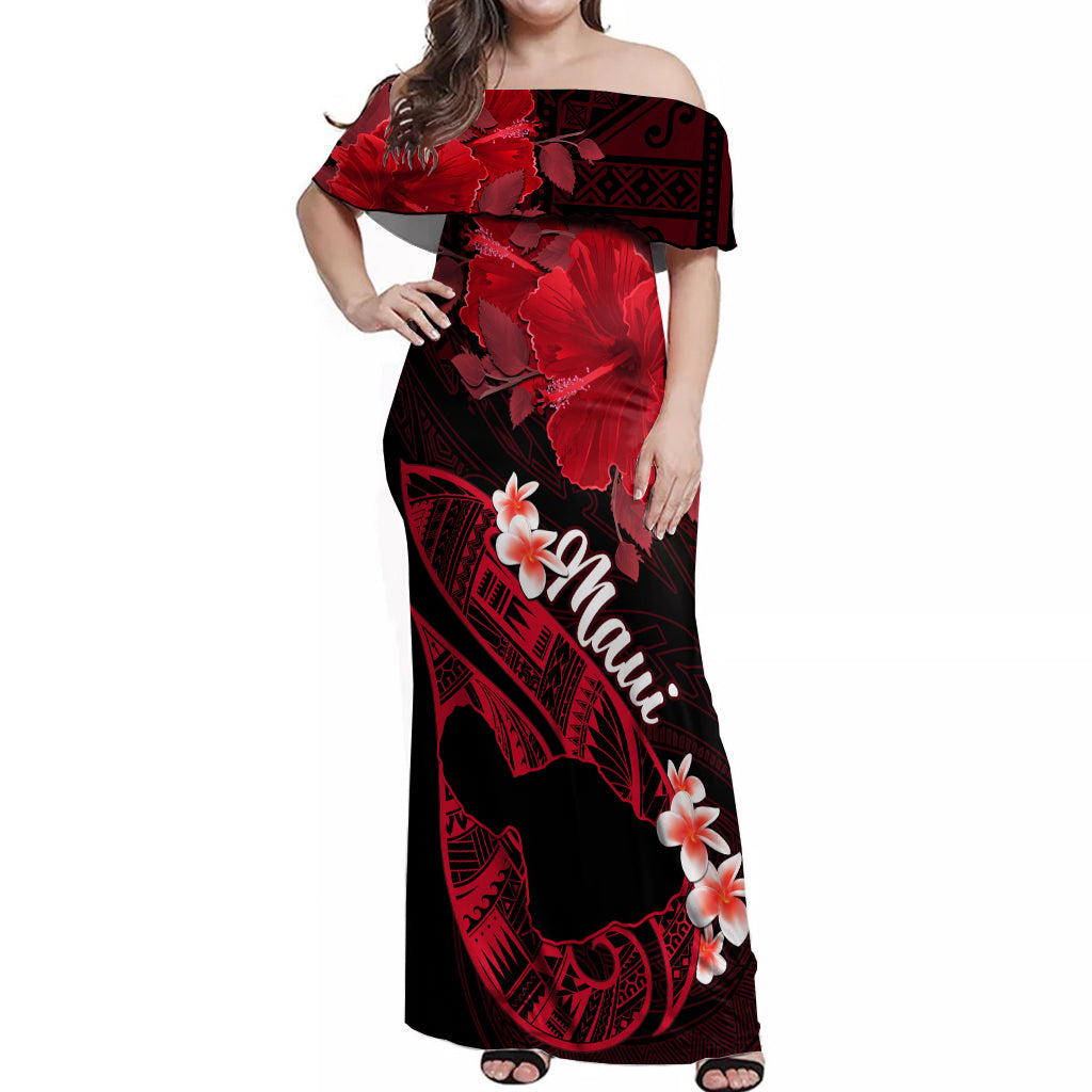 Personalized Hawaii Maui Off Shoulder Maxi Dress Polynesian Fish Hook Hibiscus Red Version LT05 Women Red - Polynesian Pride
