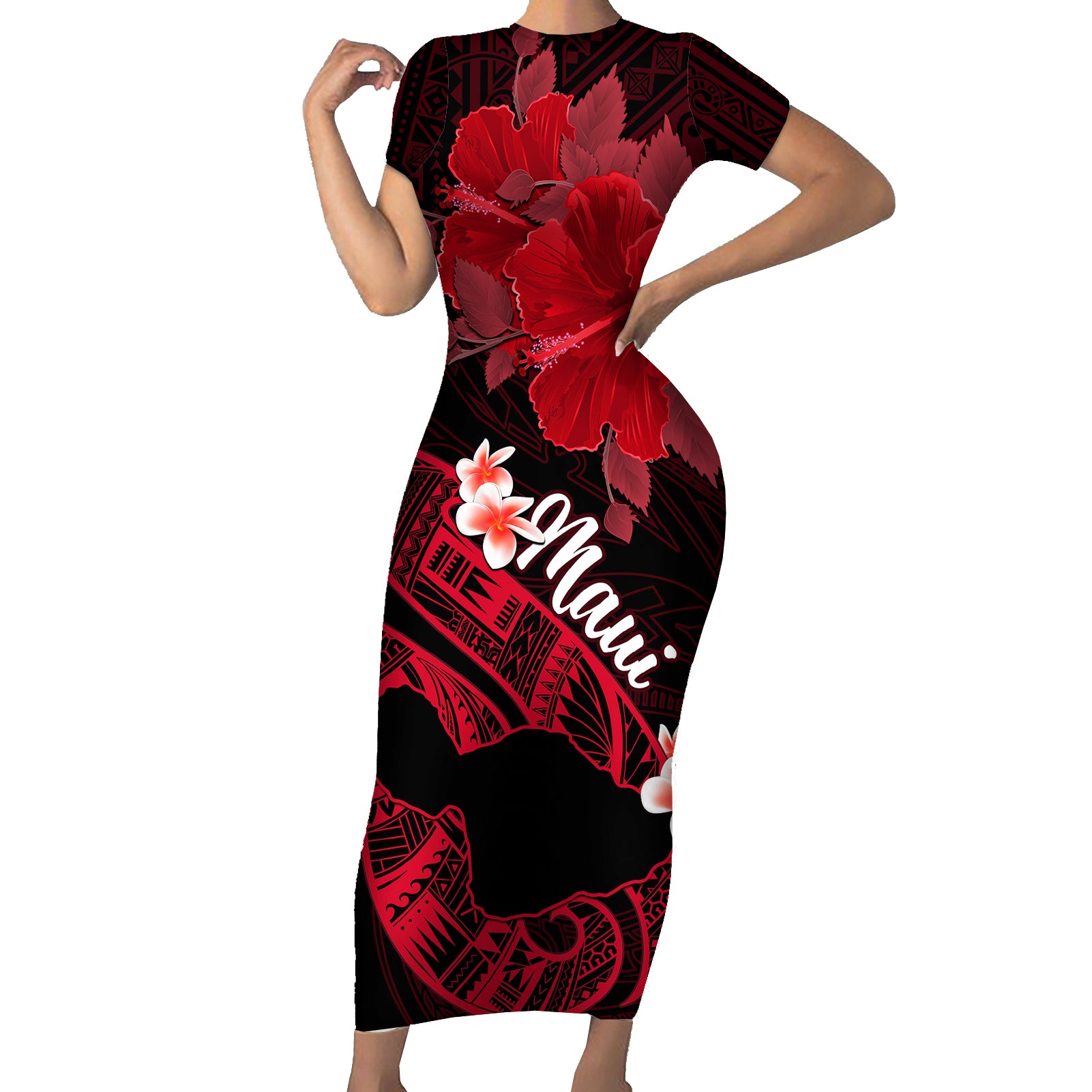 Personalized Hawaii Maui Short Sleeve Bodycon Dress Polynesian Fish Hook Hibiscus Red Version LT05 Long Dress Red - Polynesian Pride