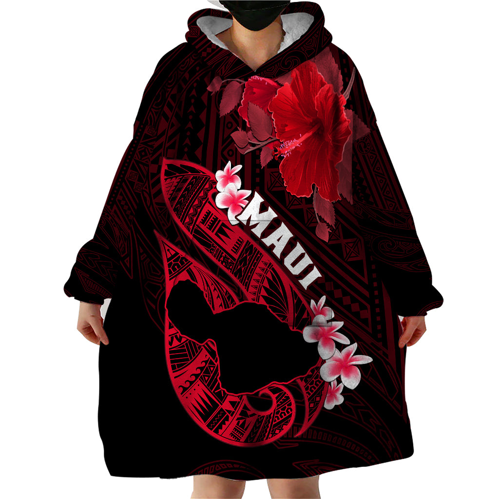 Personalized Hawaii Maui Wearable Blanket Hoodie Polynesian Fish Hook Hibiscus Red Version LT05 - Polynesian Pride