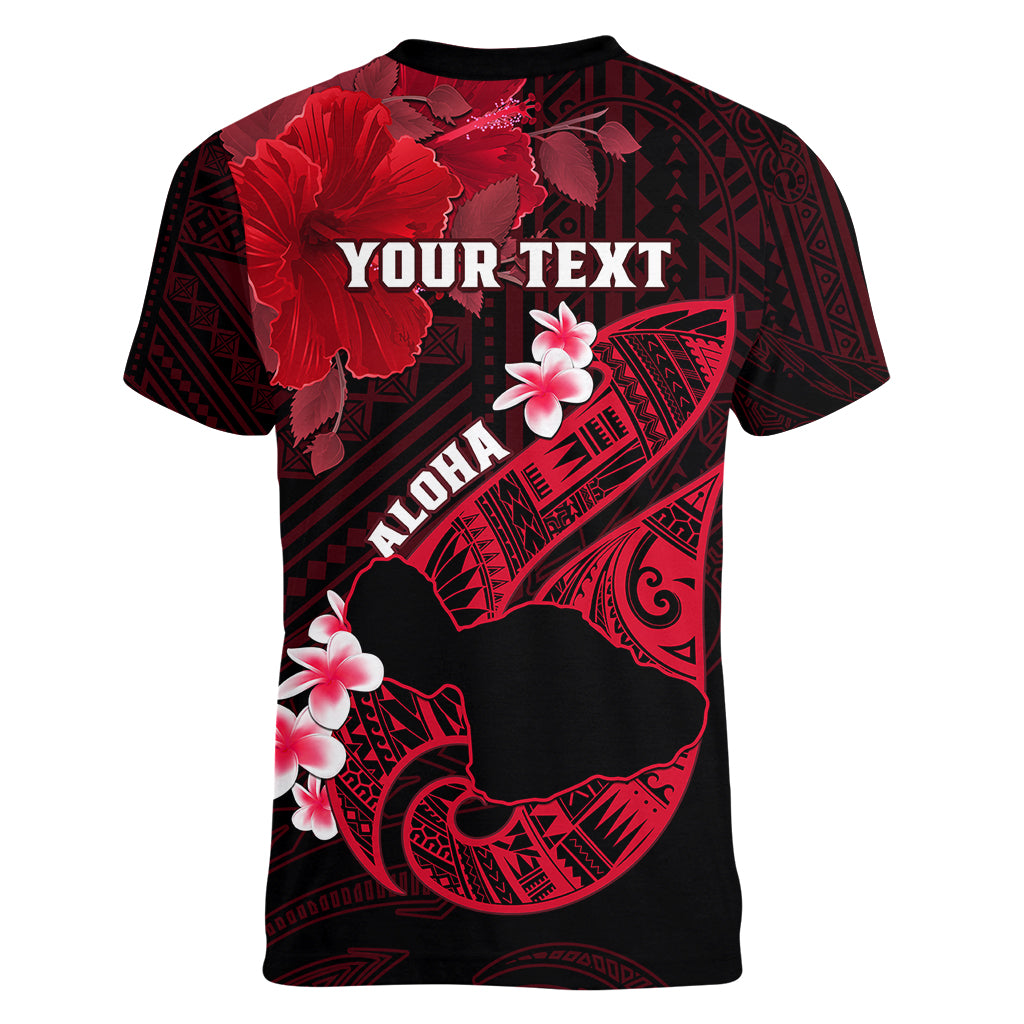 Personalized Hawaii Maui Women V Neck T Shirt Polynesian Fish Hook Hibiscus Red Version LT05 - Polynesian Pride