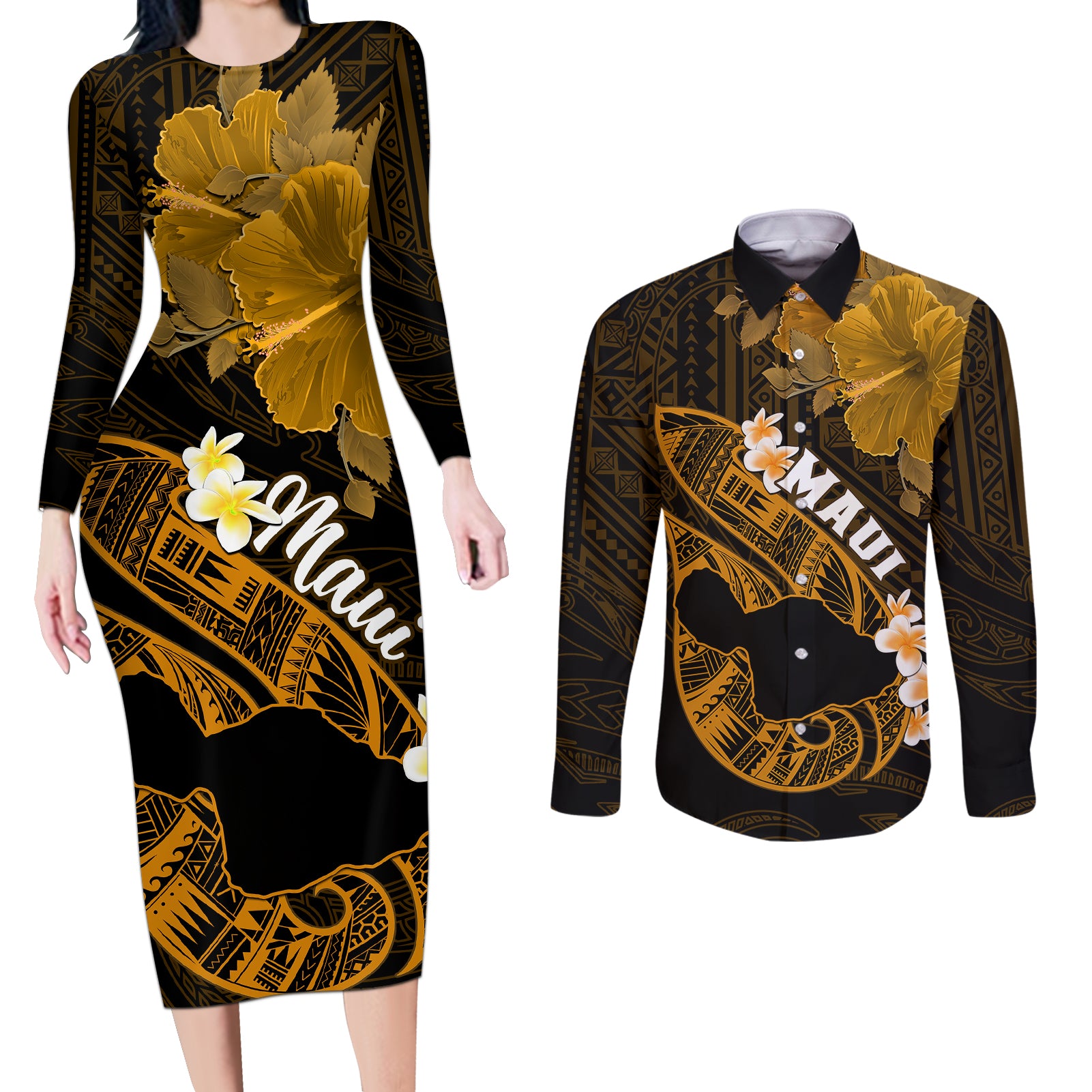 Hawaii Maui Couples Matching Long Sleeve Bodycon Dress and Long Sleeve Button Shirts Polynesian Fish Hook Hibiscus Gold Version LT05 Gold - Polynesian Pride