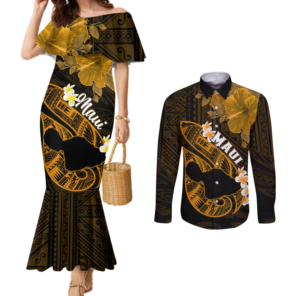 Hawaii Maui Couples Matching Mermaid Dress and Long Sleeve Button Shirts Polynesian Fish Hook Hibiscus Gold Version LT05 Gold - Polynesian Pride