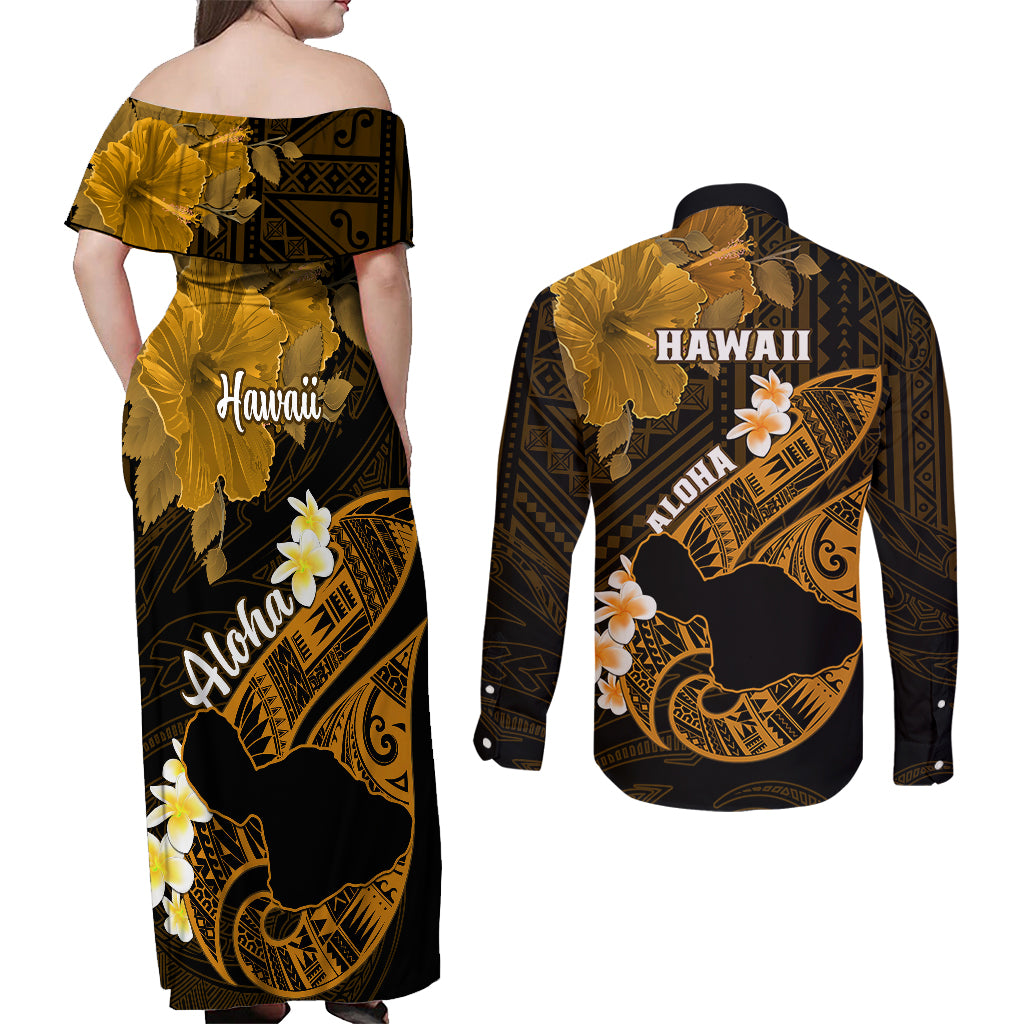 Hawaii Maui Couples Matching Off Shoulder Maxi Dress and Long Sleeve Button Shirts Polynesian Fish Hook Hibiscus Gold Version LT05 - Polynesian Pride
