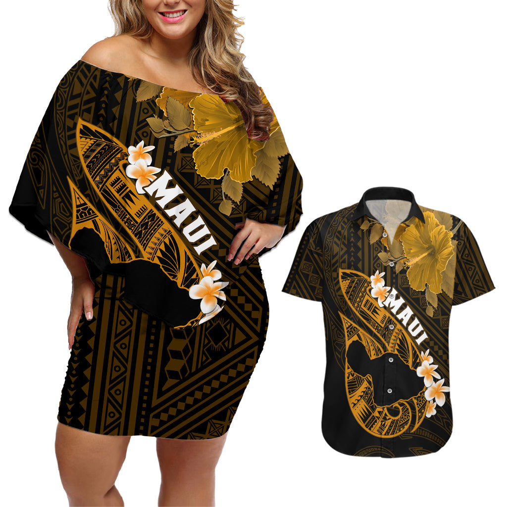 Hawaii Maui Couples Matching Off Shoulder Short Dress and Hawaiian Shirt Polynesian Fish Hook Hibiscus Gold Version LT05 Gold - Polynesian Pride