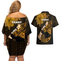 Hawaii Maui Couples Matching Off Shoulder Short Dress and Hawaiian Shirt Polynesian Fish Hook Hibiscus Gold Version LT05 - Polynesian Pride