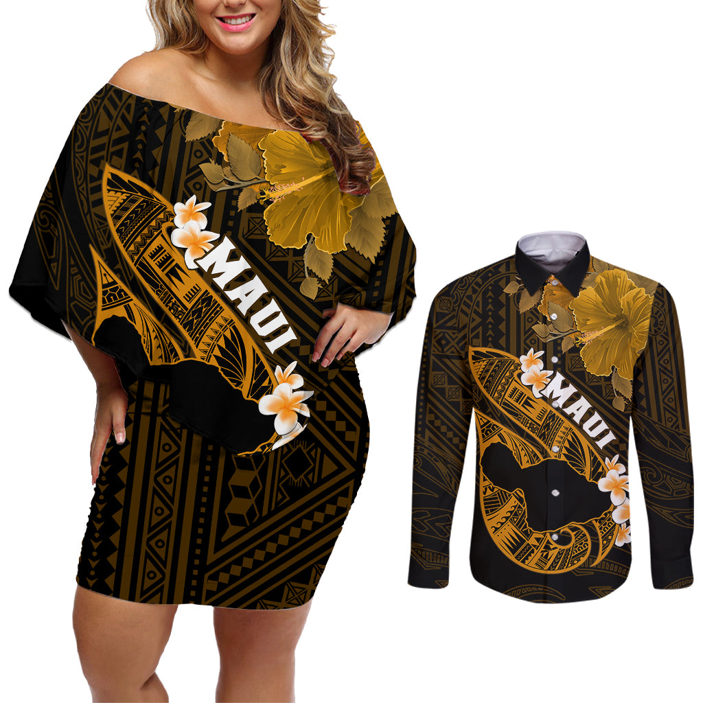 Hawaii Maui Couples Matching Off Shoulder Short Dress and Long Sleeve Button Shirts Polynesian Fish Hook Hibiscus Gold Version LT05 Gold - Polynesian Pride