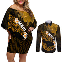 Hawaii Maui Couples Matching Off Shoulder Short Dress and Long Sleeve Button Shirts Polynesian Fish Hook Hibiscus Gold Version LT05 Gold - Polynesian Pride