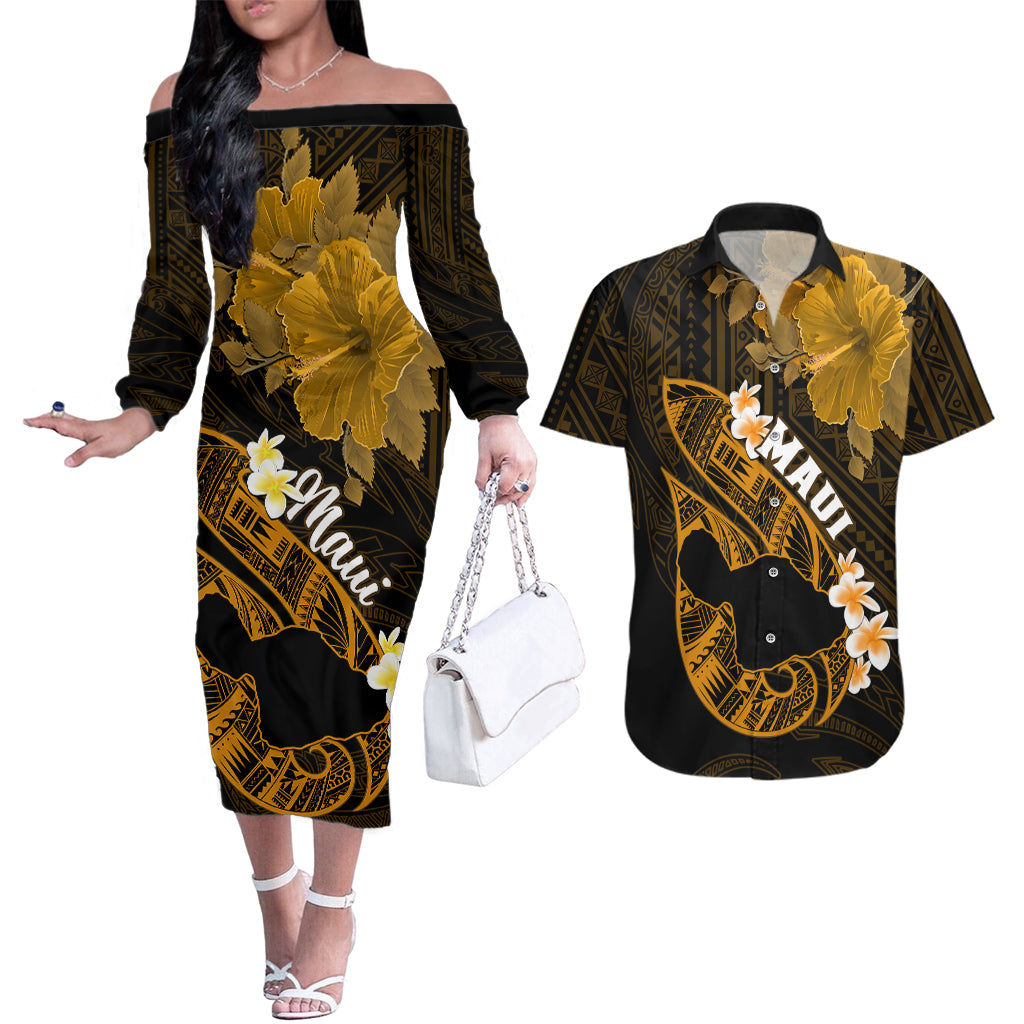 Hawaii Maui Couples Matching Off The Shoulder Long Sleeve Dress and Hawaiian Shirt Polynesian Fish Hook Hibiscus Gold Version LT05 Gold - Polynesian Pride