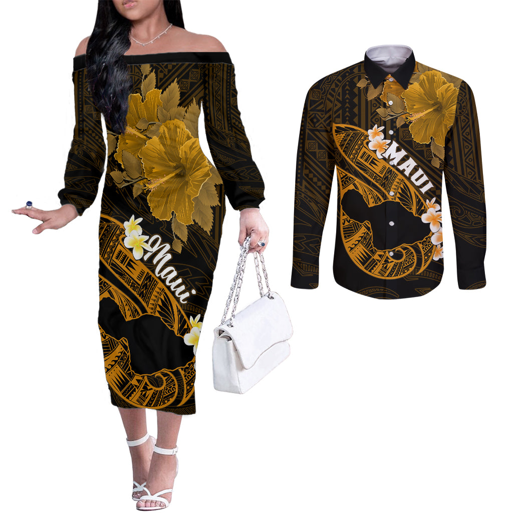 Hawaii Maui Couples Matching Off The Shoulder Long Sleeve Dress and Long Sleeve Button Shirts Polynesian Fish Hook Hibiscus Gold Version LT05 Gold - Polynesian Pride