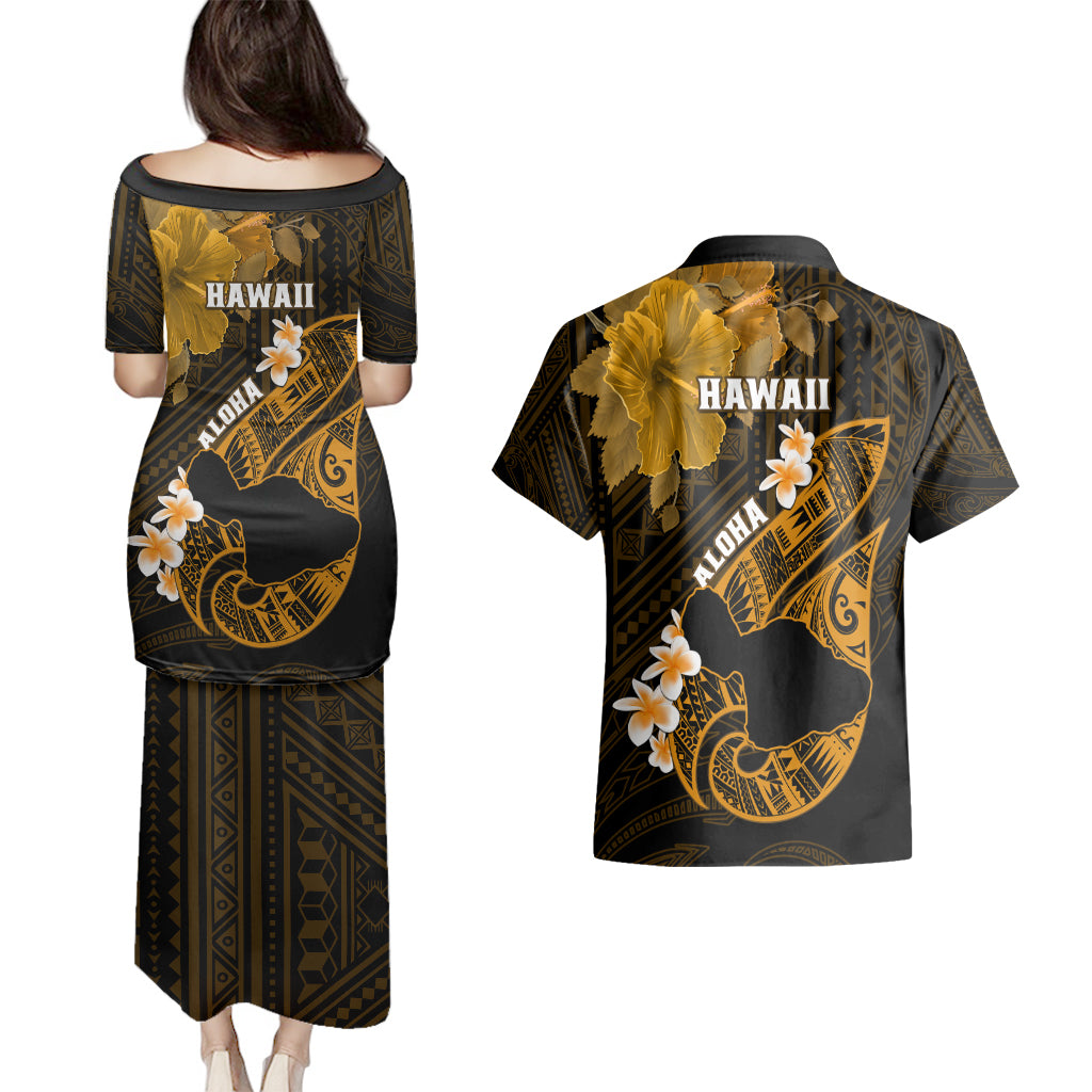 Hawaii Maui Couples Matching Puletasi Dress and Hawaiian Shirt Polynesian Fish Hook Hibiscus Gold Version LT05 - Polynesian Pride