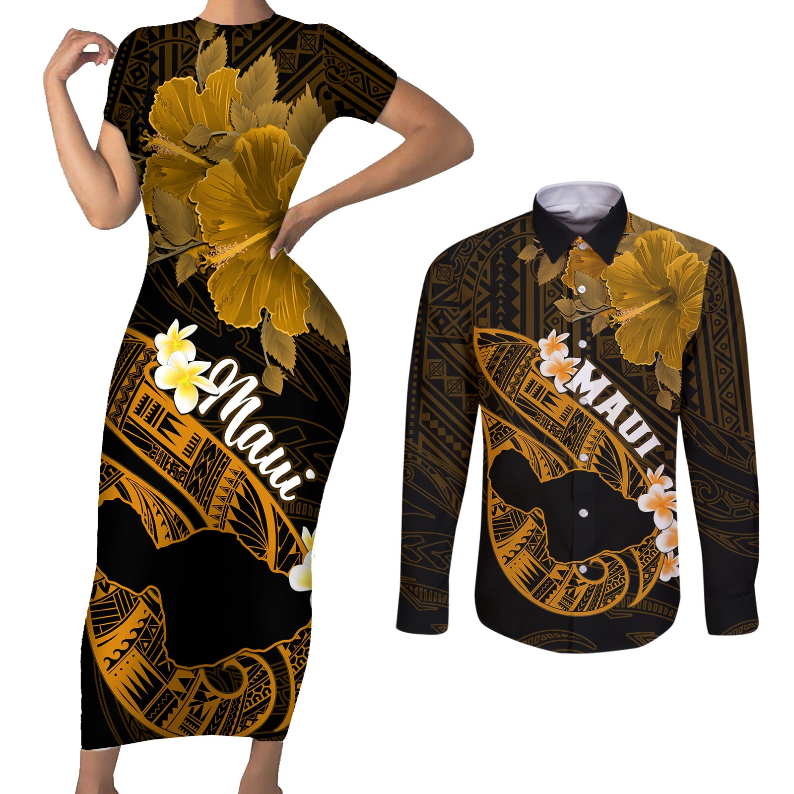 Hawaii Maui Couples Matching Short Sleeve Bodycon Dress and Long Sleeve Button Shirts Polynesian Fish Hook Hibiscus Gold Version LT05 Gold - Polynesian Pride