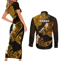 Hawaii Maui Couples Matching Short Sleeve Bodycon Dress and Long Sleeve Button Shirts Polynesian Fish Hook Hibiscus Gold Version LT05 - Polynesian Pride