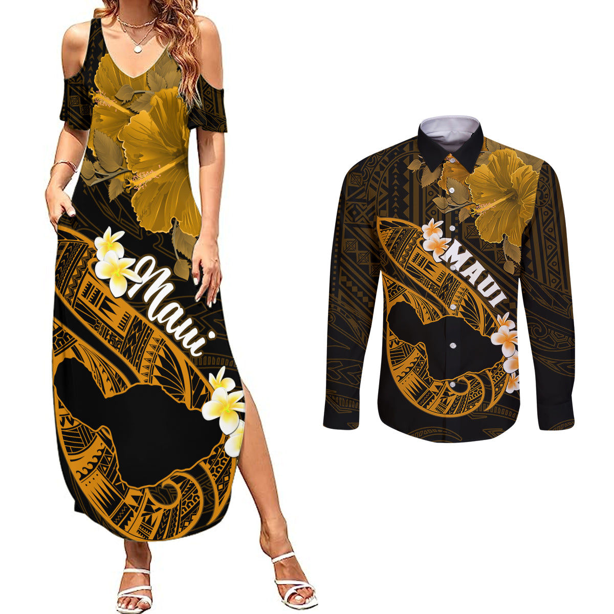 Hawaii Maui Couples Matching Summer Maxi Dress and Long Sleeve Button Shirts Polynesian Fish Hook Hibiscus Gold Version LT05 Gold - Polynesian Pride
