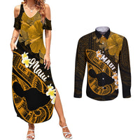 Hawaii Maui Couples Matching Summer Maxi Dress and Long Sleeve Button Shirts Polynesian Fish Hook Hibiscus Gold Version LT05 Gold - Polynesian Pride