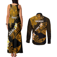 Hawaii Maui Couples Matching Tank Maxi Dress and Long Sleeve Button Shirts Polynesian Fish Hook Hibiscus Gold Version LT05 - Polynesian Pride