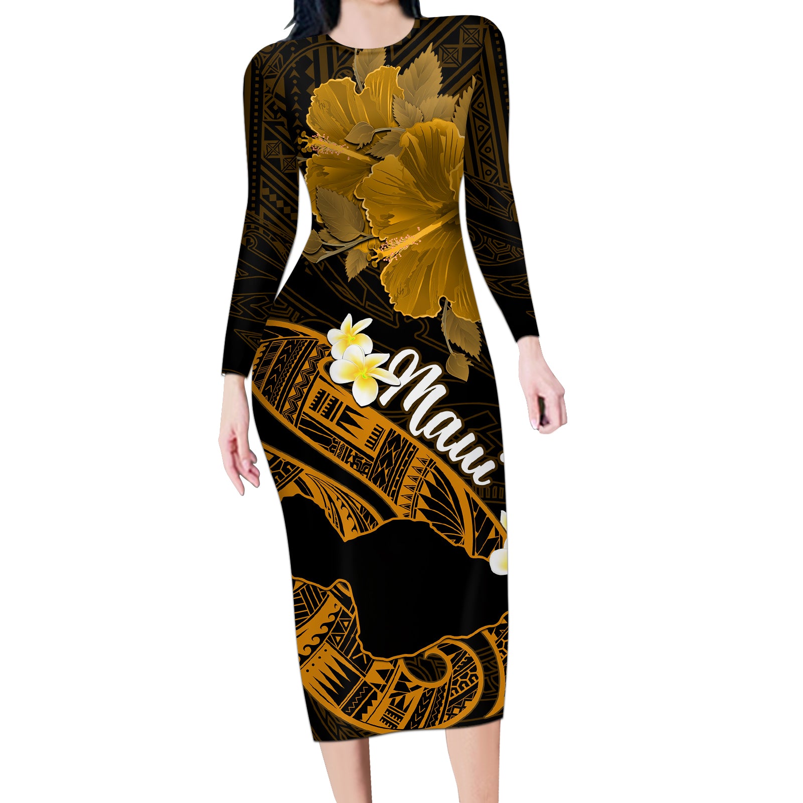 Hawaii Maui Long Sleeve Bodycon Dress Polynesian Fish Hook Hibiscus Gold Version LT05 Long Dress Gold - Polynesian Pride