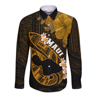 Hawaii Maui Long Sleeve Button Shirt Polynesian Fish Hook Hibiscus Gold Version LT05 Unisex Gold - Polynesian Pride