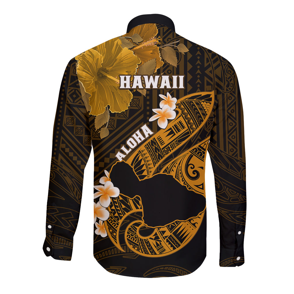 Hawaii Maui Long Sleeve Button Shirt Polynesian Fish Hook Hibiscus Gold Version LT05 - Polynesian Pride