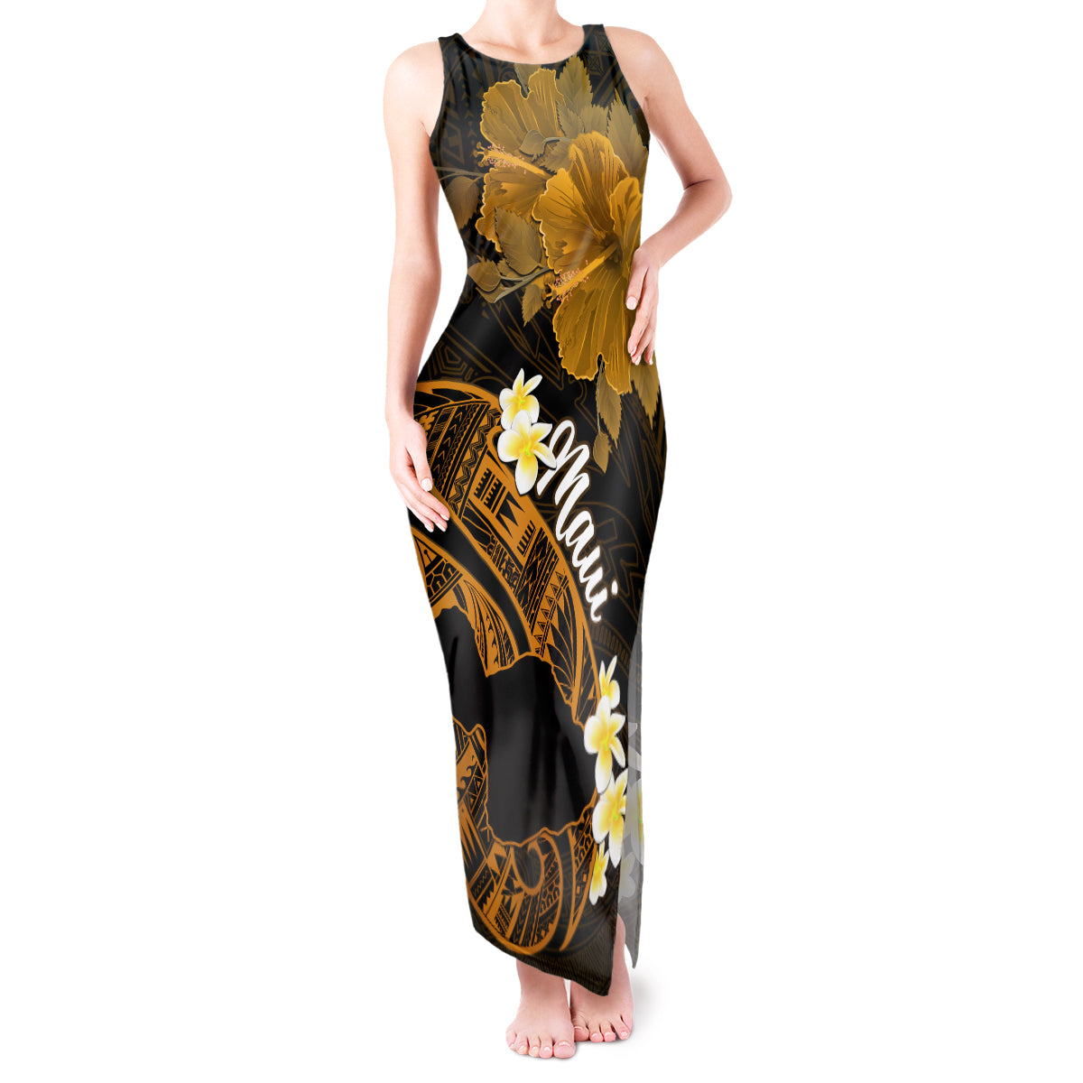 Hawaii Maui Tank Maxi Dress Polynesian Fish Hook Hibiscus Gold Version LT05 Women Gold - Polynesian Pride