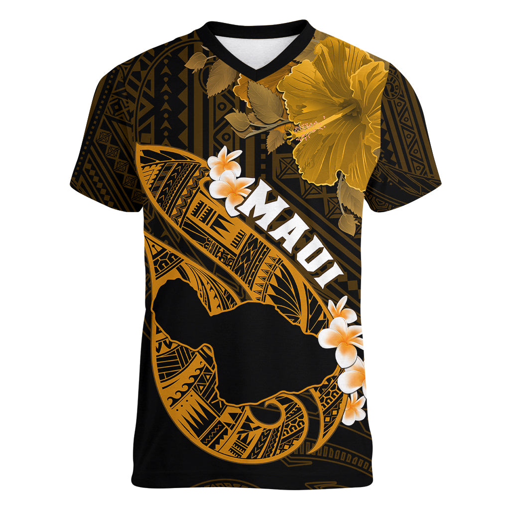Hawaii Maui Women V Neck T Shirt Polynesian Fish Hook Hibiscus Gold Version LT05 Female Gold - Polynesian Pride
