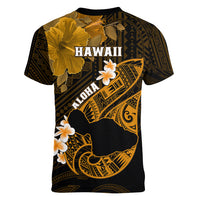 Hawaii Maui Women V Neck T Shirt Polynesian Fish Hook Hibiscus Gold Version LT05 - Polynesian Pride