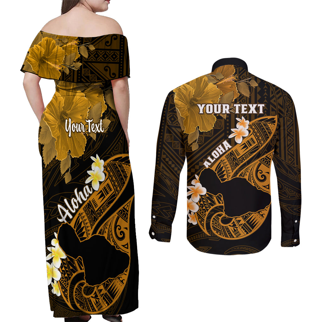 Personalized Hawaii Maui Couples Matching Off Shoulder Maxi Dress and Long Sleeve Button Shirts Polynesian Fish Hook Hibiscus Gold Version LT05 - Polynesian Pride