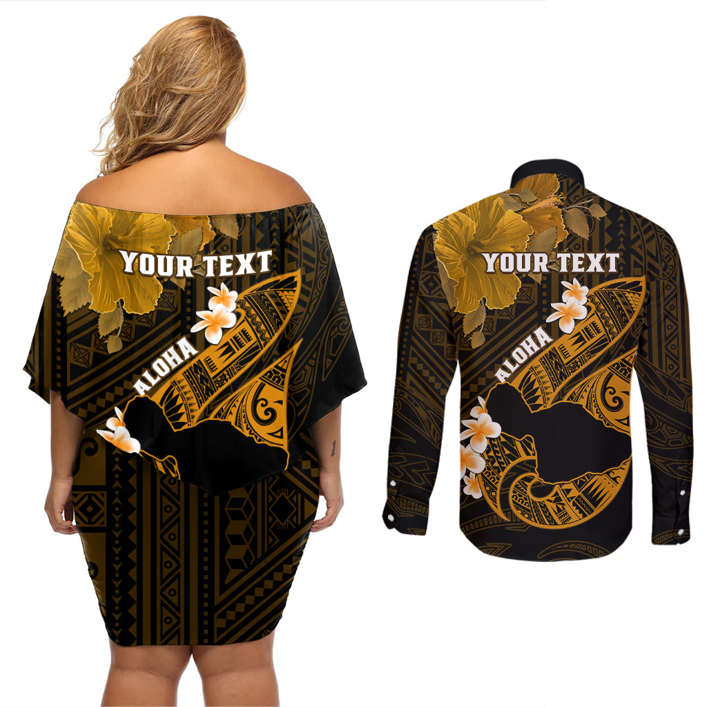 Personalized Hawaii Maui Couples Matching Off Shoulder Short Dress and Long Sleeve Button Shirts Polynesian Fish Hook Hibiscus Gold Version LT05 - Polynesian Pride