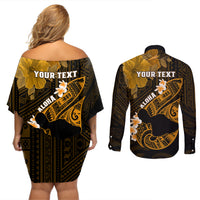 Personalized Hawaii Maui Couples Matching Off Shoulder Short Dress and Long Sleeve Button Shirts Polynesian Fish Hook Hibiscus Gold Version LT05 - Polynesian Pride