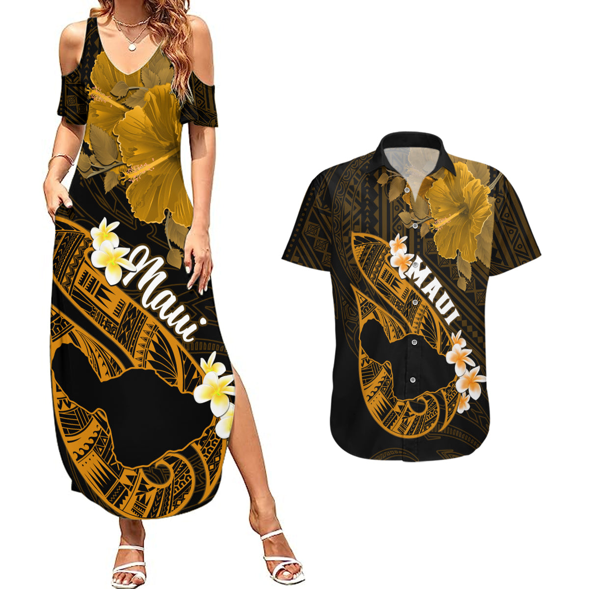 Personalized Hawaii Maui Couples Matching Summer Maxi Dress and Hawaiian Shirt Polynesian Fish Hook Hibiscus Gold Version LT05 Gold - Polynesian Pride