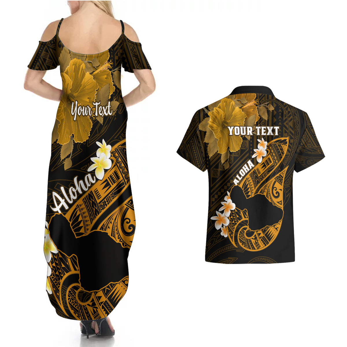 Personalized Hawaii Maui Couples Matching Summer Maxi Dress and Hawaiian Shirt Polynesian Fish Hook Hibiscus Gold Version LT05 - Polynesian Pride