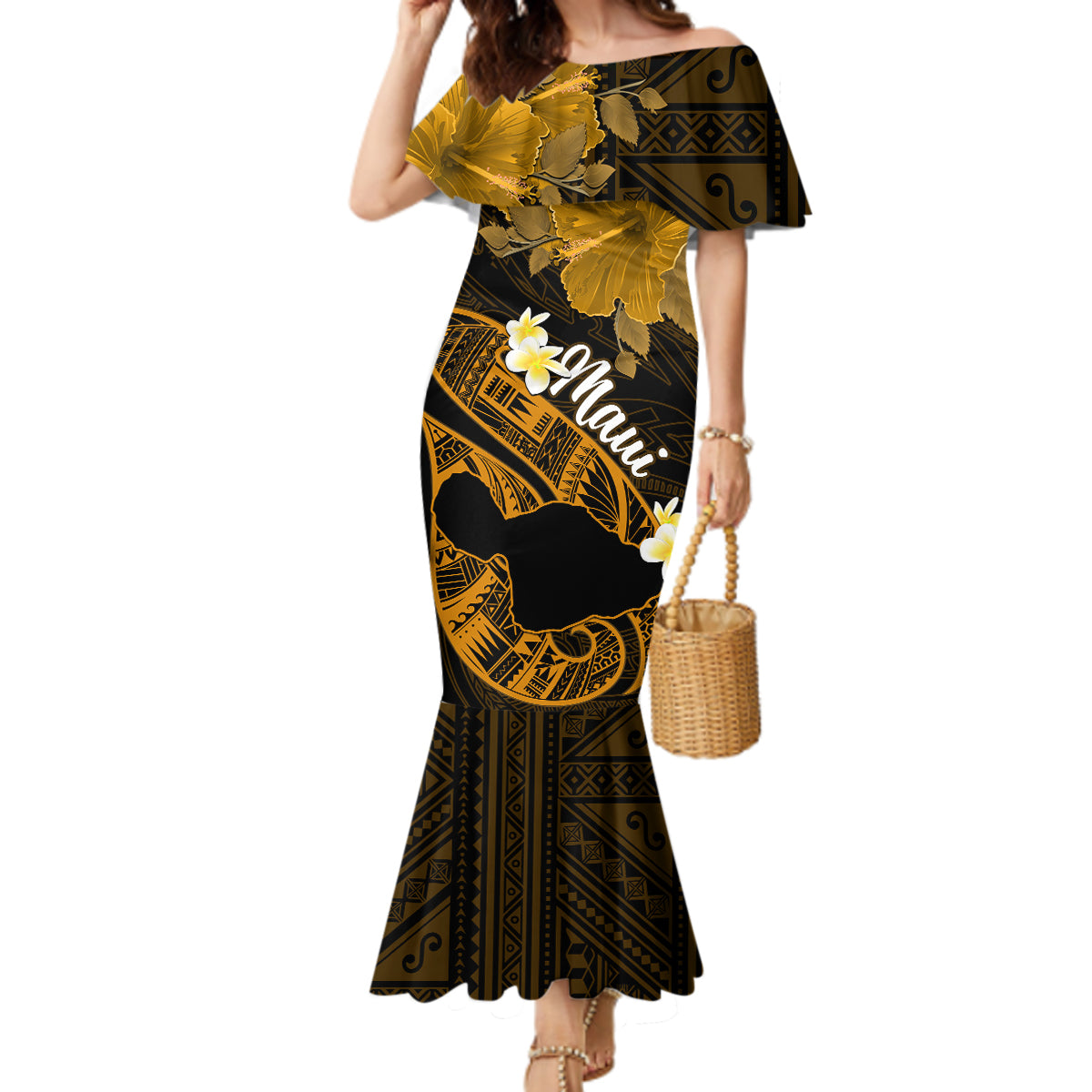 Personalized Hawaii Maui Mermaid Dress Polynesian Fish Hook Hibiscus Gold Version LT05 Women Gold - Polynesian Pride