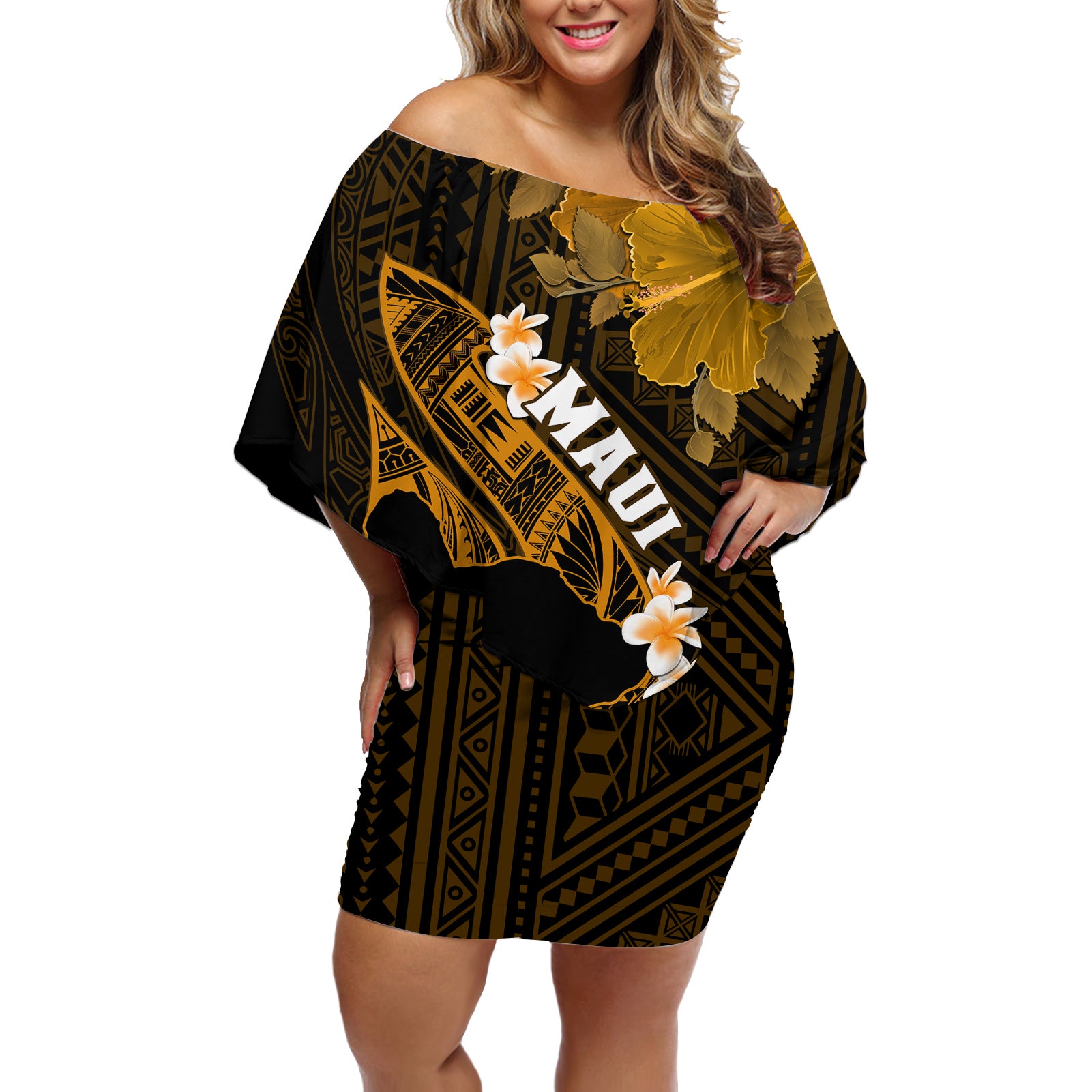 Personalized Hawaii Maui Off Shoulder Short Dress Polynesian Fish Hook Hibiscus Gold Version LT05 Women Gold - Polynesian Pride