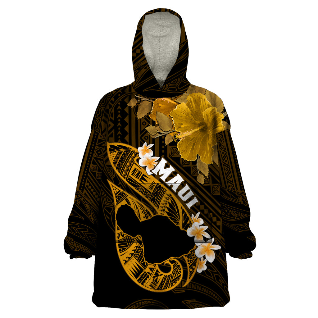 Personalized Hawaii Maui Wearable Blanket Hoodie Polynesian Fish Hook Hibiscus Gold Version LT05 One Size Gold - Polynesian Pride