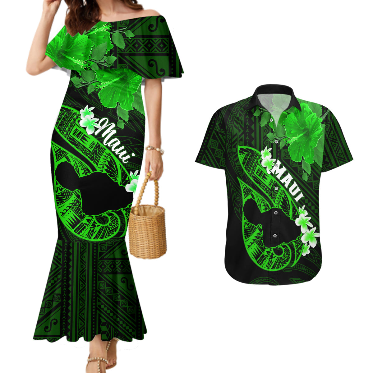 Hawaii Maui Couples Matching Mermaid Dress and Hawaiian Shirt Polynesian Fish Hook Hibiscus Green Version LT05 Green - Polynesian Pride