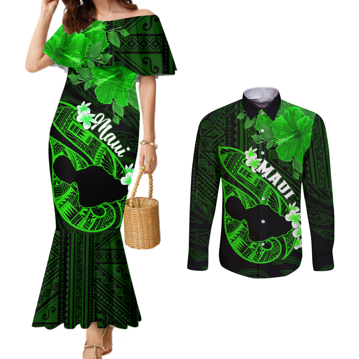 Hawaii Maui Couples Matching Mermaid Dress and Long Sleeve Button Shirts Polynesian Fish Hook Hibiscus Green Version LT05 Green - Polynesian Pride