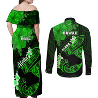 Hawaii Maui Couples Matching Off Shoulder Maxi Dress and Long Sleeve Button Shirts Polynesian Fish Hook Hibiscus Green Version LT05 - Polynesian Pride