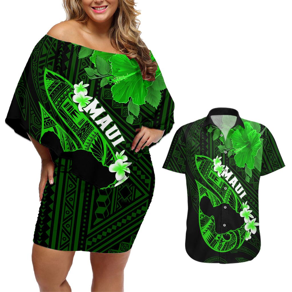 Hawaii Maui Couples Matching Off Shoulder Short Dress and Hawaiian Shirt Polynesian Fish Hook Hibiscus Green Version LT05 Green - Polynesian Pride