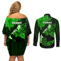 Hawaii Maui Couples Matching Off Shoulder Short Dress and Long Sleeve Button Shirts Polynesian Fish Hook Hibiscus Green Version LT05 - Polynesian Pride
