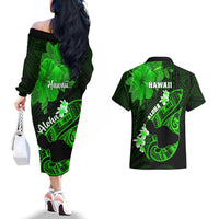 Hawaii Maui Couples Matching Off The Shoulder Long Sleeve Dress and Hawaiian Shirt Polynesian Fish Hook Hibiscus Green Version LT05 - Polynesian Pride