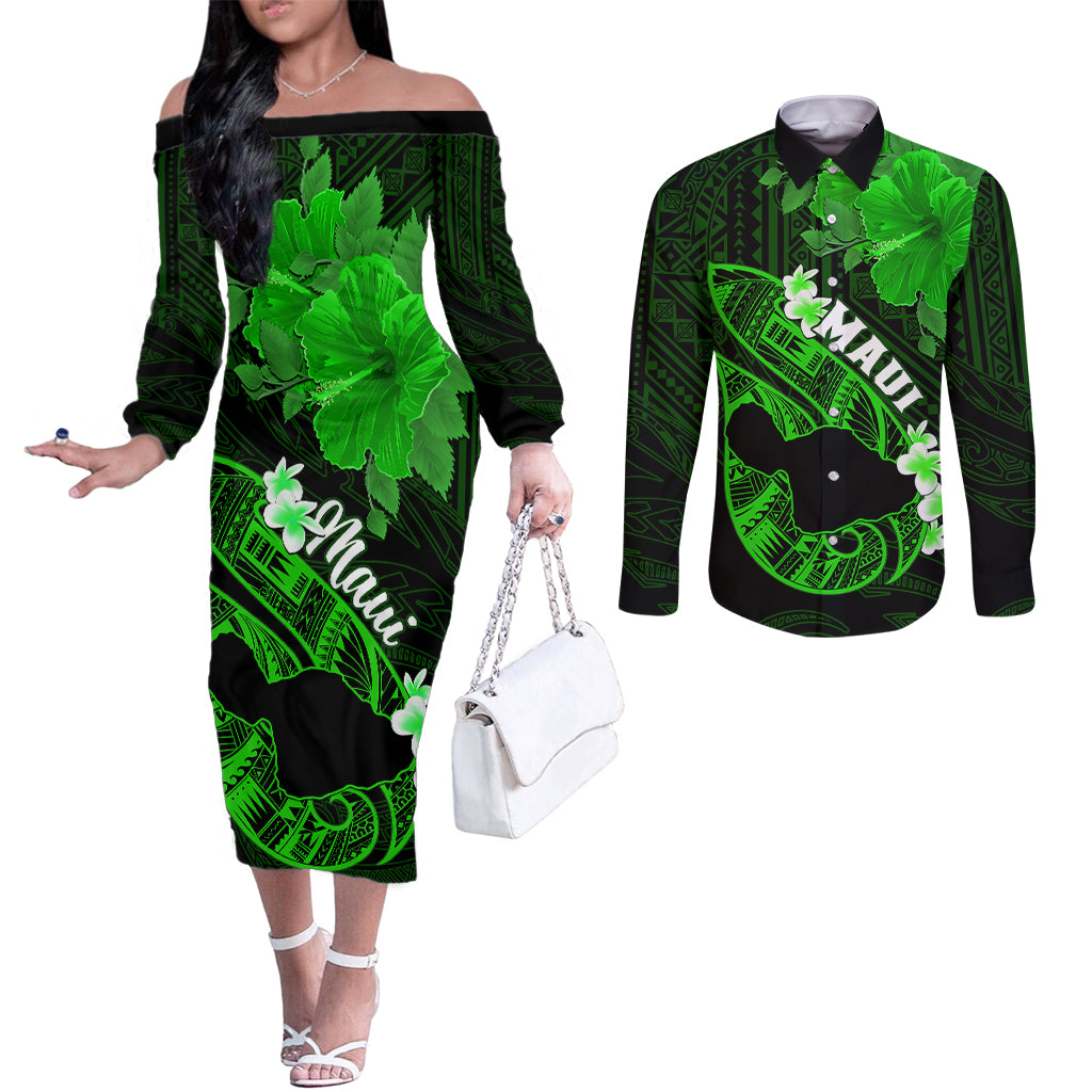 Hawaii Maui Couples Matching Off The Shoulder Long Sleeve Dress and Long Sleeve Button Shirts Polynesian Fish Hook Hibiscus Green Version LT05 Green - Polynesian Pride