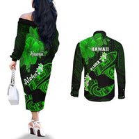 Hawaii Maui Couples Matching Off The Shoulder Long Sleeve Dress and Long Sleeve Button Shirts Polynesian Fish Hook Hibiscus Green Version LT05 - Polynesian Pride