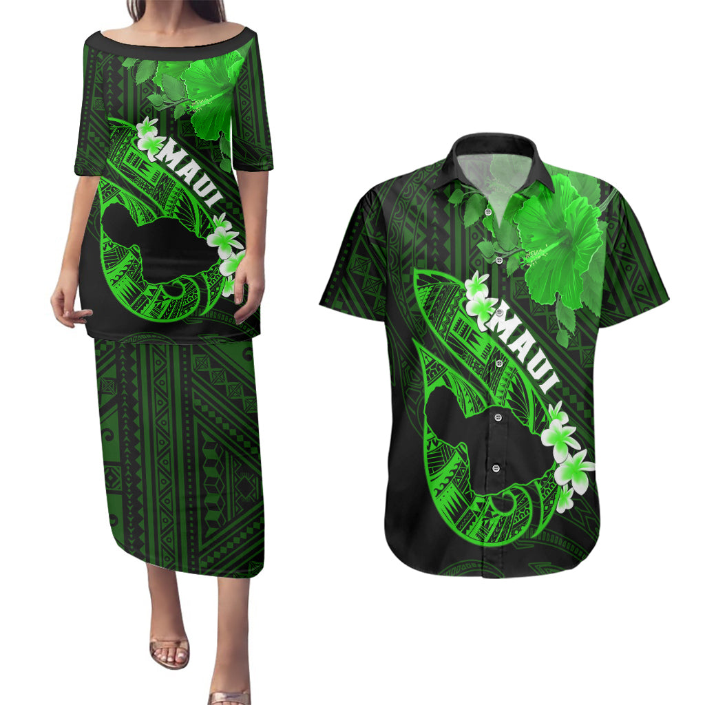 Hawaii Maui Couples Matching Puletasi Dress and Hawaiian Shirt Polynesian Fish Hook Hibiscus Green Version LT05 Green - Polynesian Pride