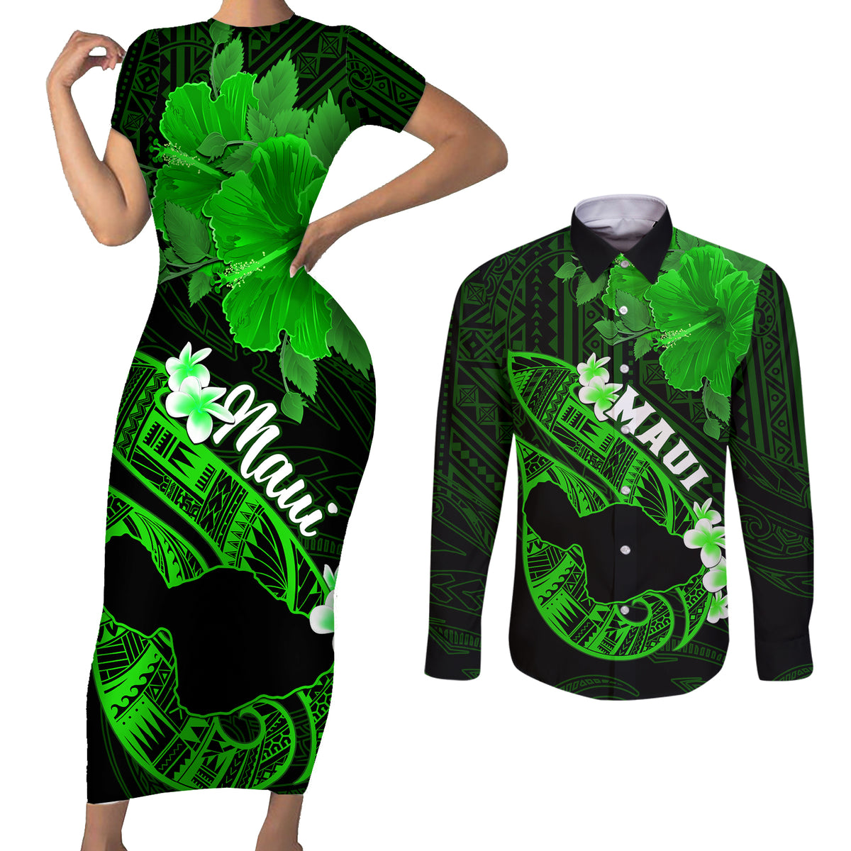 Hawaii Maui Couples Matching Short Sleeve Bodycon Dress and Long Sleeve Button Shirts Polynesian Fish Hook Hibiscus Green Version LT05 Green - Polynesian Pride