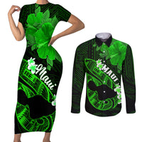 Hawaii Maui Couples Matching Short Sleeve Bodycon Dress and Long Sleeve Button Shirts Polynesian Fish Hook Hibiscus Green Version LT05 Green - Polynesian Pride