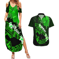 Hawaii Maui Couples Matching Summer Maxi Dress and Hawaiian Shirt Polynesian Fish Hook Hibiscus Green Version LT05 Green - Polynesian Pride