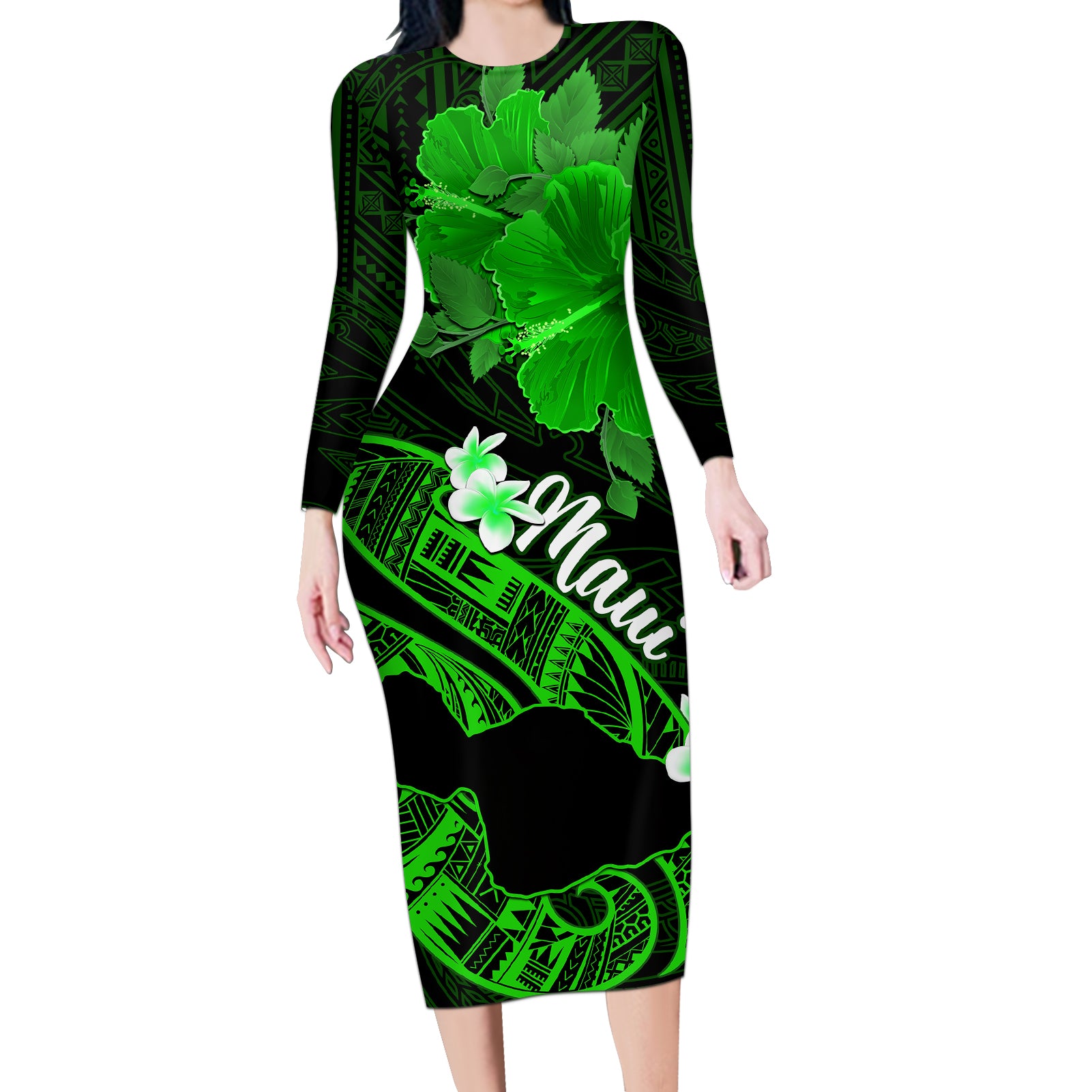 Hawaii Maui Long Sleeve Bodycon Dress Polynesian Fish Hook Hibiscus Green Version LT05 Long Dress Green - Polynesian Pride