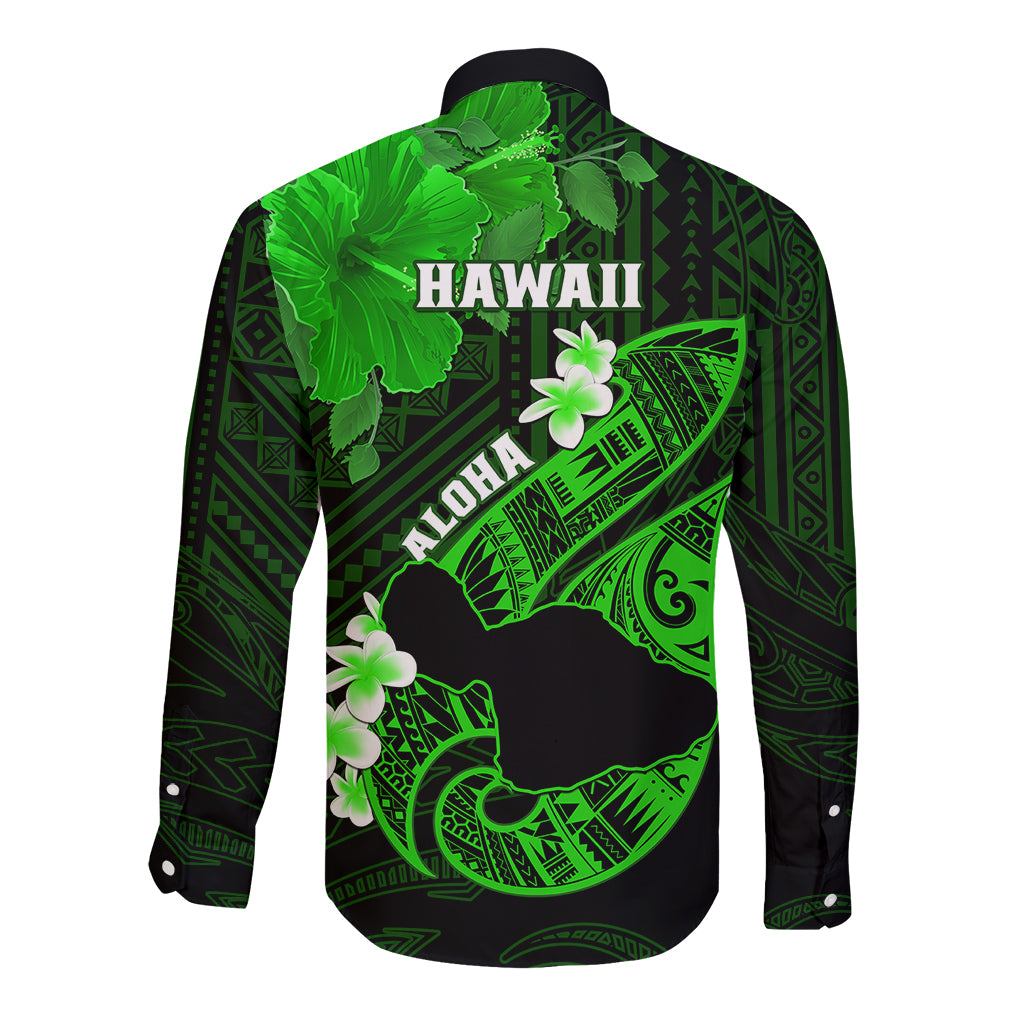 Hawaii Maui Long Sleeve Button Shirt Polynesian Fish Hook Hibiscus Green Version LT05 - Polynesian Pride